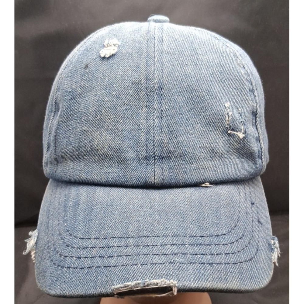 Distressed Denim baseball cap with‎ C.C. button accent